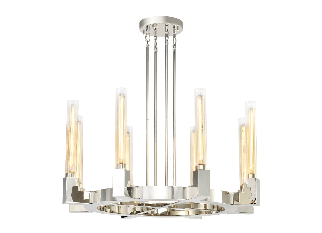 Steel Round Frame with Clear Ribbed Cylindrical Glass Shade Chandelier in Polished Nickel by Zeev