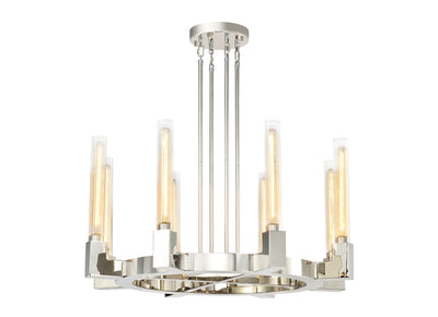Steel Round Frame with Clear Ribbed Cylindrical Glass Shade Chandelier