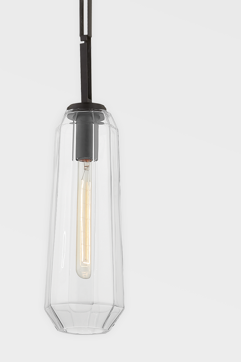 Steel Frame with Elongated Clear Faceted Glass Drop Shade Pendant