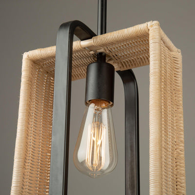 Black Frame with Handmade Rattan Shade Rectangular Pendant - LV LIGHTING