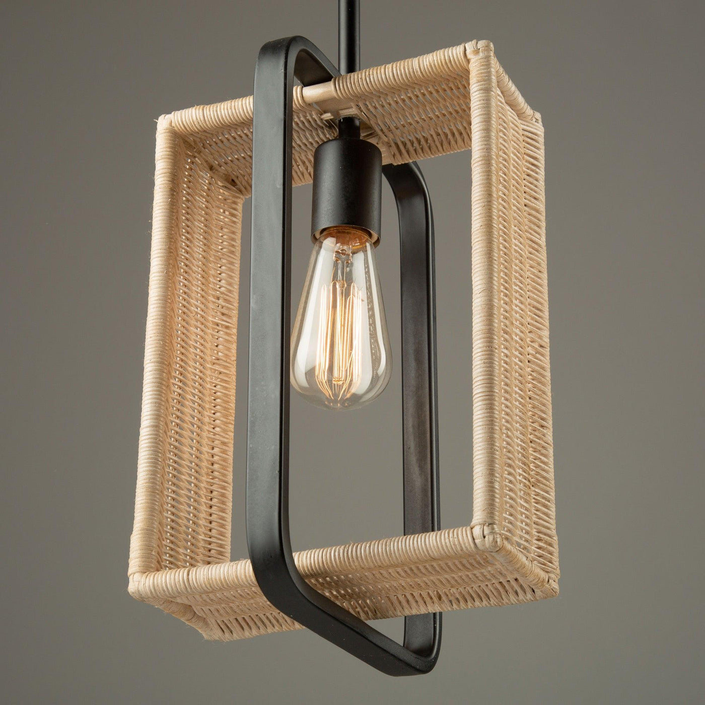 Black Frame with Handmade Rattan Shade Rectangular Pendant - LV LIGHTING