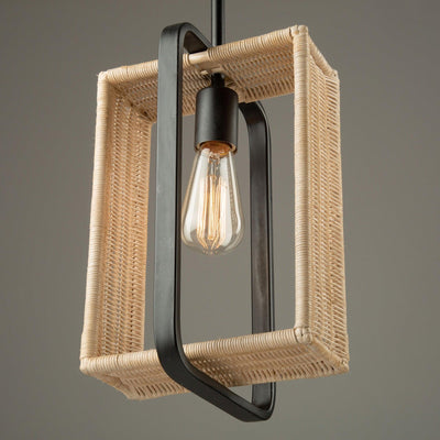 Black Frame with Handmade Rattan Shade Rectangular Pendant - LV LIGHTING