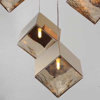 Steel Ice Cube Frame with Cast Glass Shade Chandelier