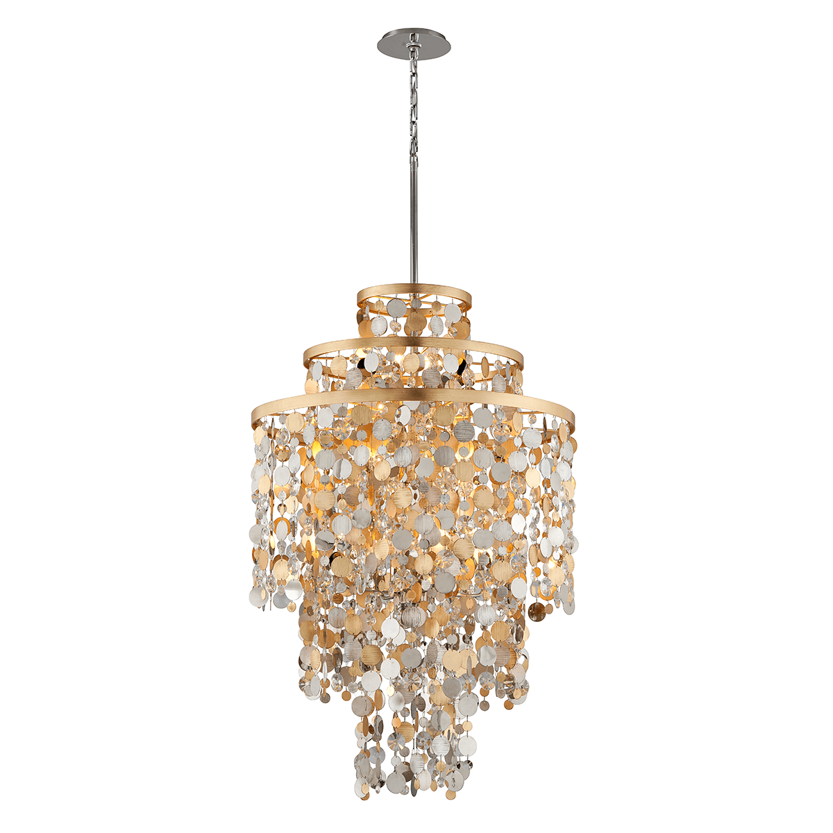 Gold Silver Leaf and Stainless Round Disks with Crystal Chandelier - LV LIGHTING