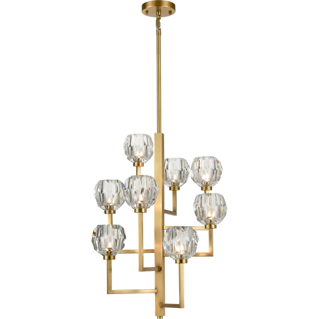 Steel Square Arms with Clear Crystal Shade Chandelier in Aged Brass by Zeev