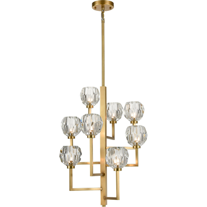 Steel Square Arms with Clear Crystal Shade Chandelier in Aged Brass by Zeev