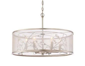 Burnished Silver Branch Arms and Drum Shade with Clear Crystal Chandelier - LV LIGHTING