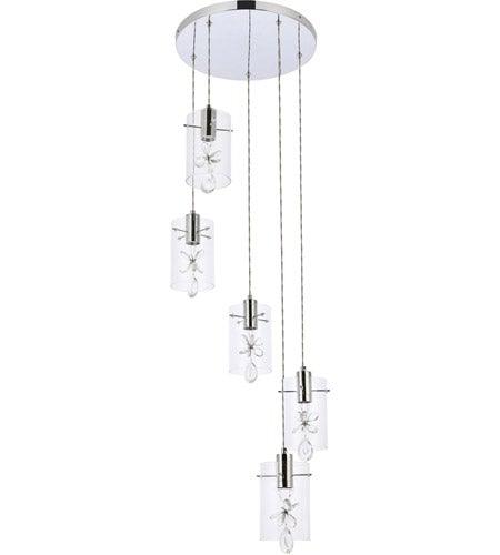 Chrome with Crystal and Glass Shade Quintuple Pendant - LV LIGHTING