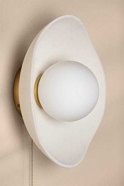Aged Brass Frame and Ceramic Raw Matte White Shade with White Glass Globe Wall Sconce