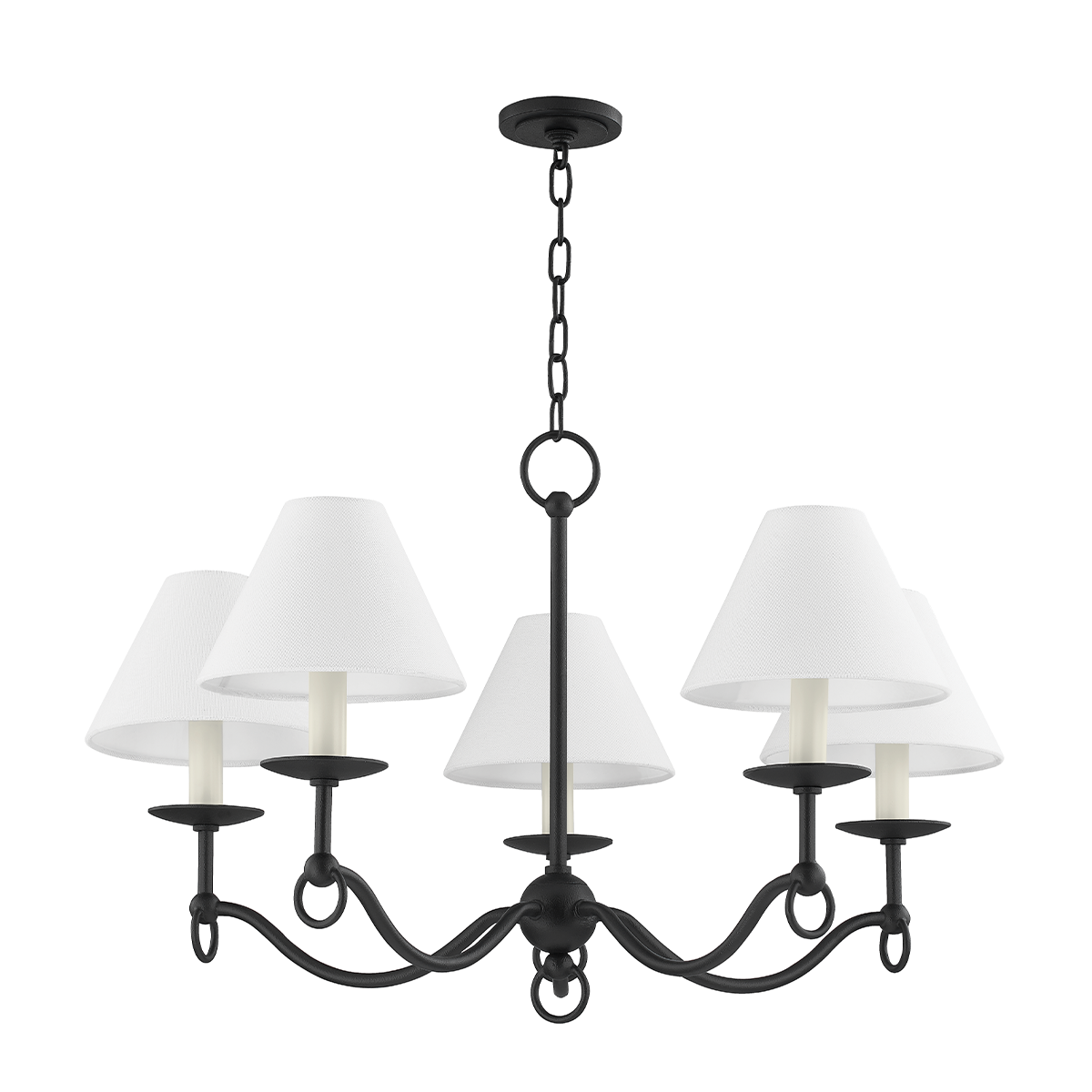 Forged Iron Curve Arm with Linen White Shade Chandelier
