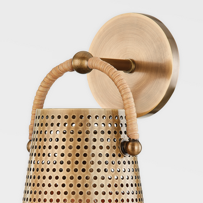Patina Brass Shade with Wrapped Natural Rattan Arm Wall Sconce