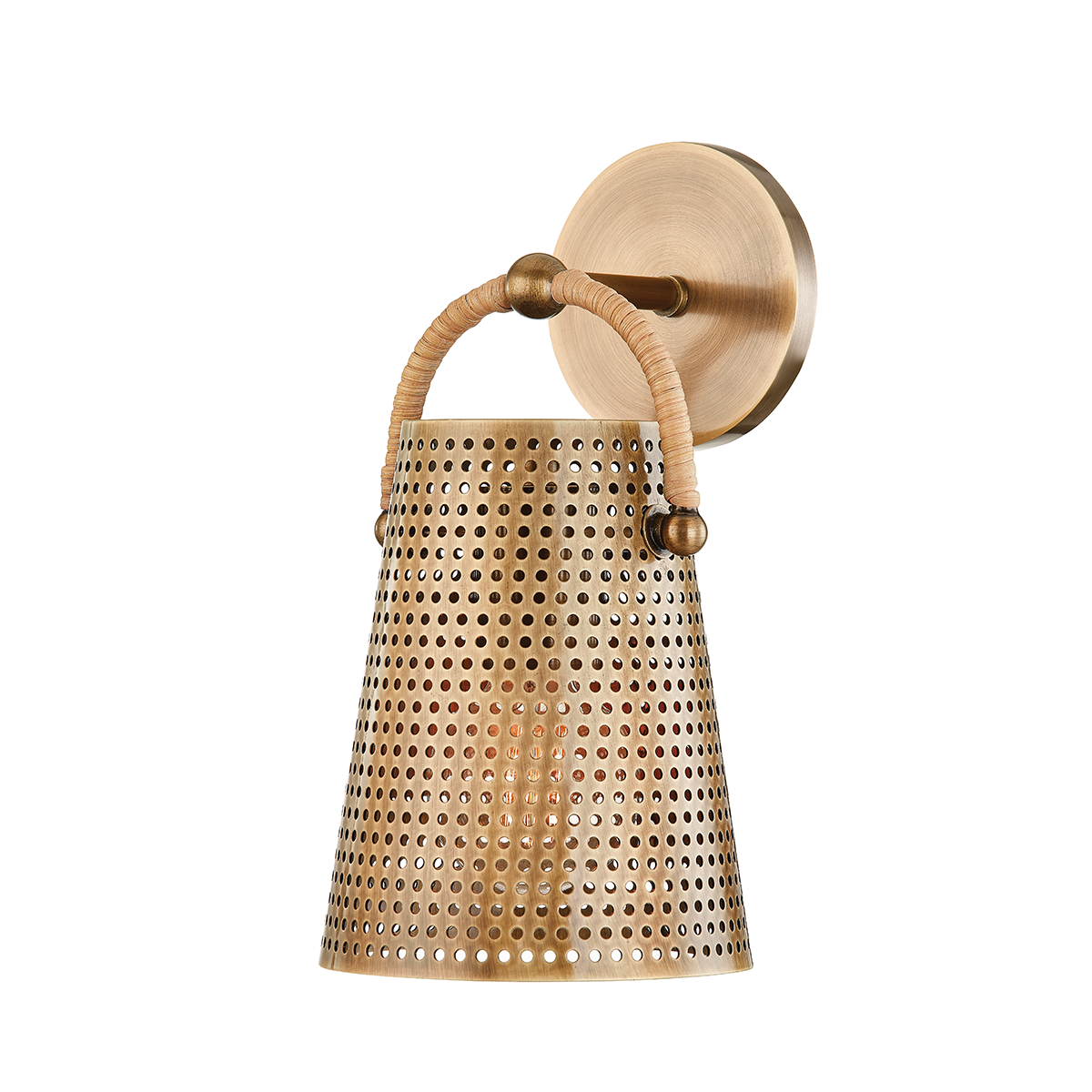 Patina Brass Shade with Wrapped Natural Rattan Arm Wall Sconce