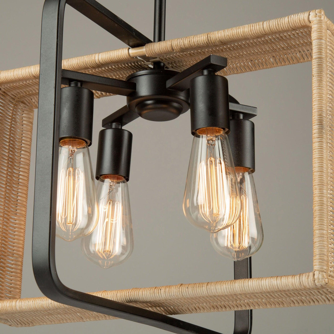 Black Frame with Handmade Rattan Shade Rectangular Pendant - LV LIGHTING