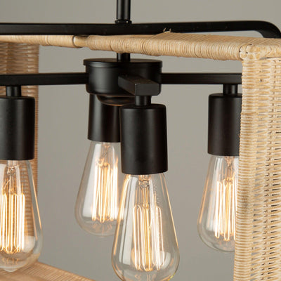 Black Frame with Handmade Rattan Shade Rectangular Pendant - LV LIGHTING