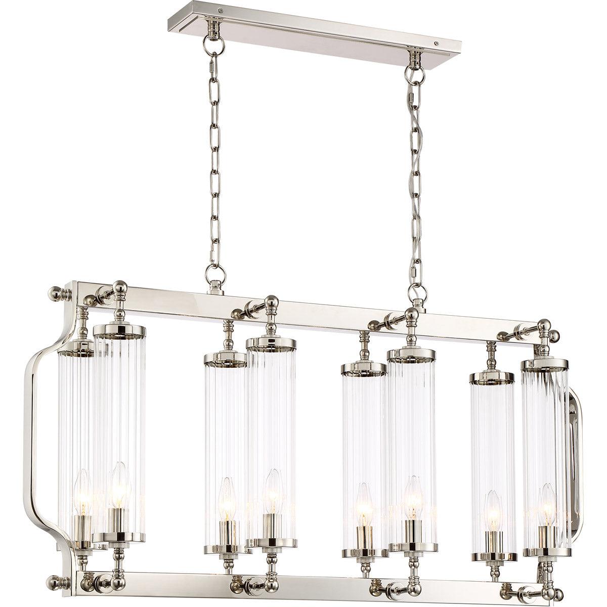 Polished Nickel Frame with Clear Cylindrical Ribbed Glass Linear Chandelier - LV LIGHTING