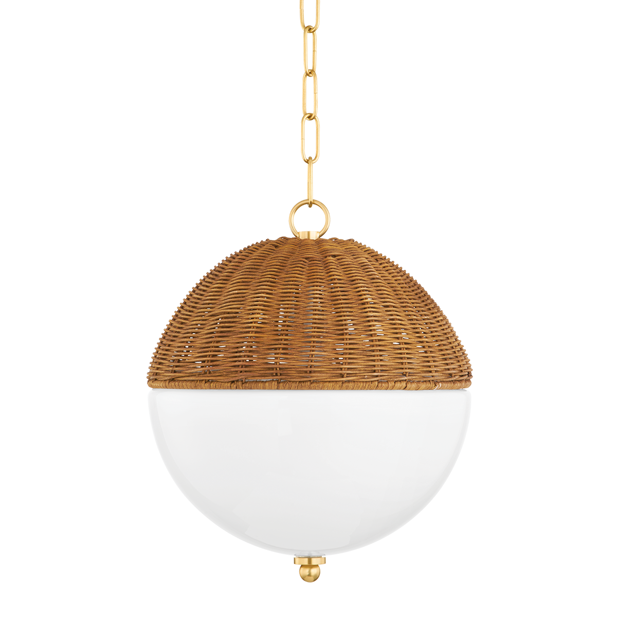 Aged Brass Frame with Hand Woven Rattan and Opal White Glass Shade Pendant