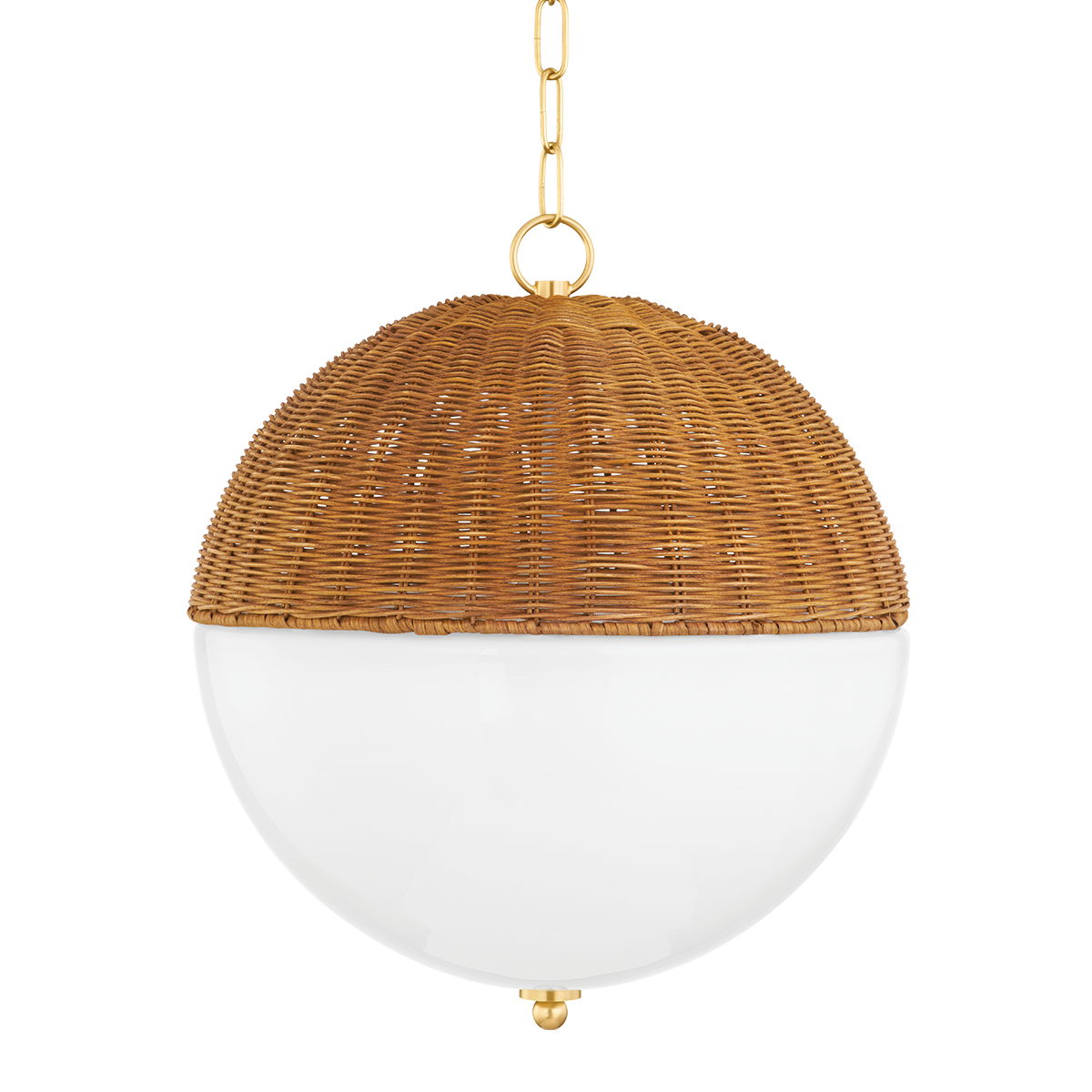 Aged Brass Frame with Hand Woven Rattan and Opal White Glass Shade Pendant