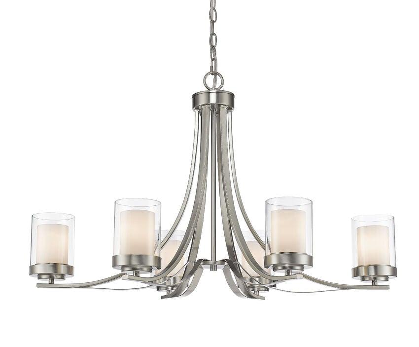 Clear with Frosted Shade and Steel Curved Arm Chandelier 6 Light - LV LIGHTING