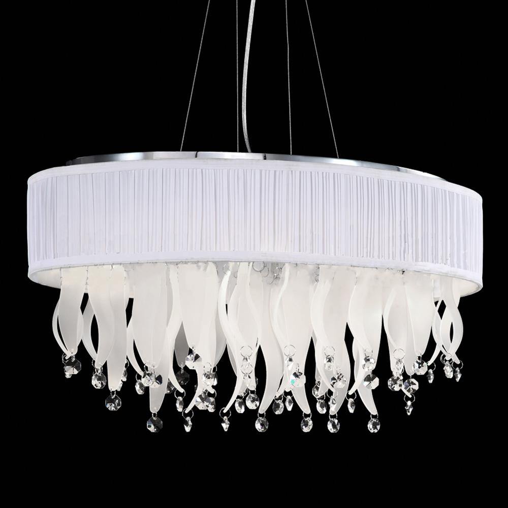 Chrome with White Fabric Shade and Crystal Oval Chandelier - LV LIGHTING