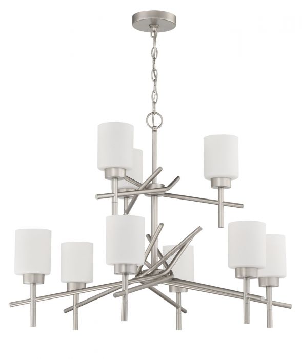 Steel Rod Arms with Cylindrical White Glass Shade 2 Tier Chandelier