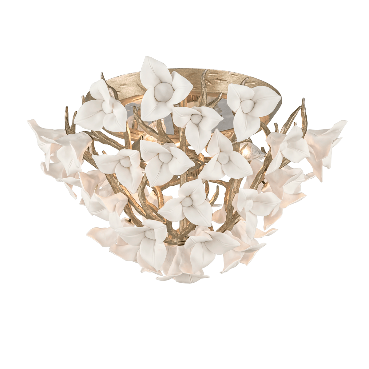 Enchanted Silver Leaf Branch Frame with Porcelaine Flower Shade Flush Mount - LV LIGHTING