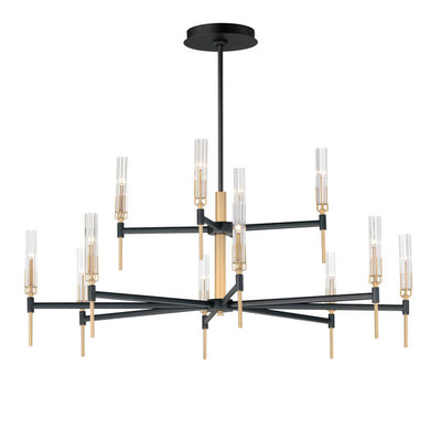Black and Antique Brass with Cylindrical Clear Glass Shade 2 Tier Chandelier