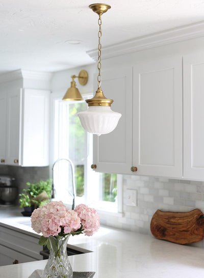 Steel with White Schoolhouse Glass Shade Pendant - LV LIGHTING