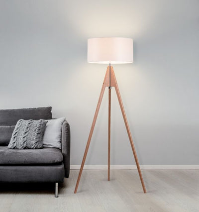 LED Red Oak Frame with Cream White Drum Shade Floor Lamp
