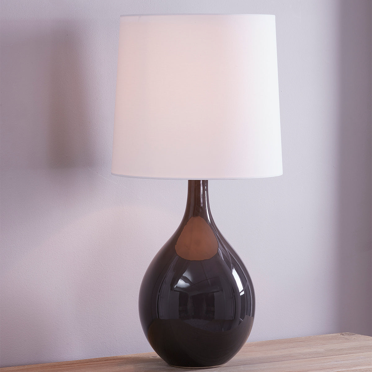 Soft Grey Ceramic Gloss Mink Base with White Belgian Linen Shade Table Lamp