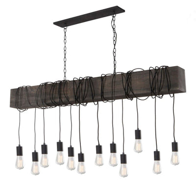 Dark Pine Block with Black Draping Cord Linear Pendant - LV LIGHTING
