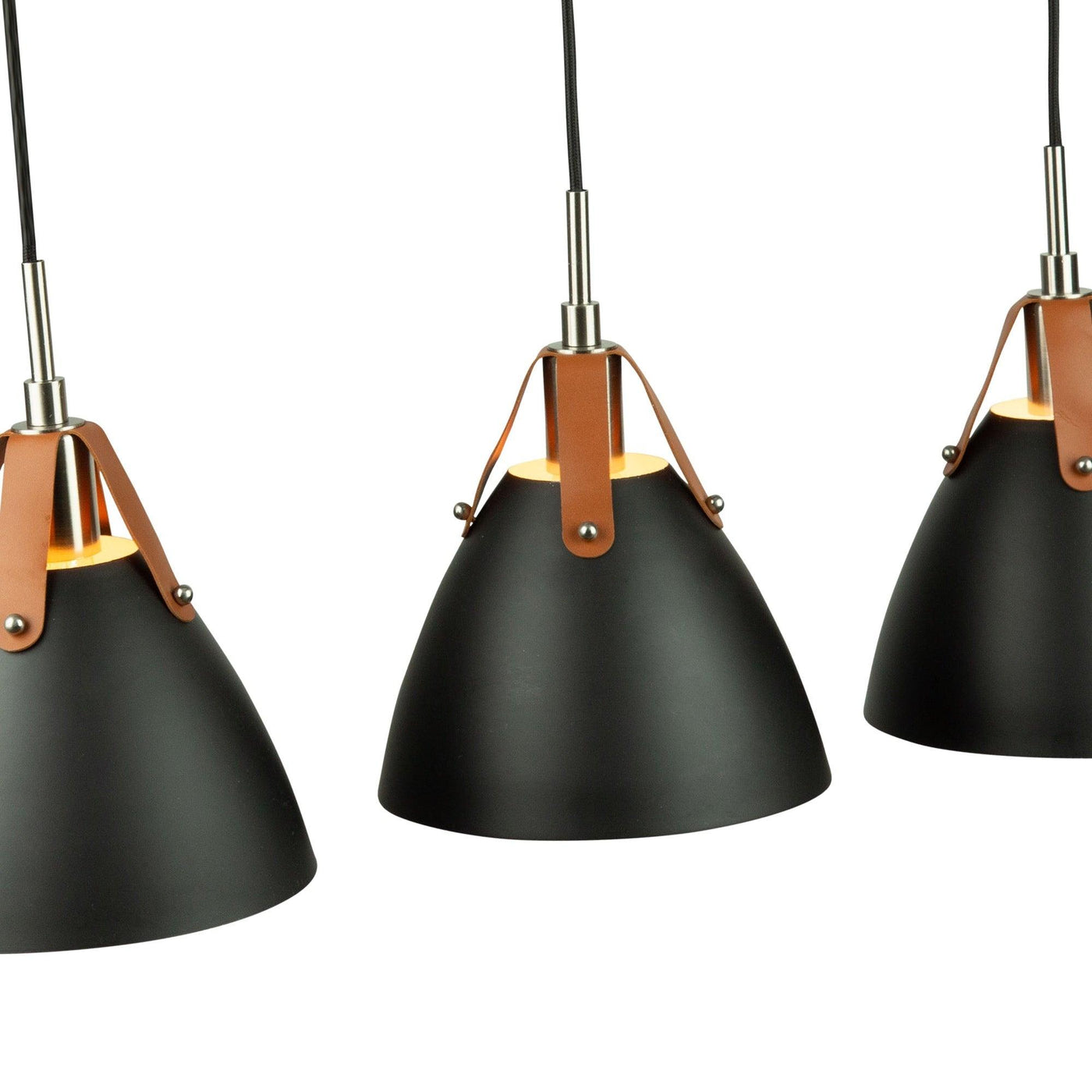 Black Conical Shade with Leather Straps 3 Light Linear Pendant - LV LIGHTING