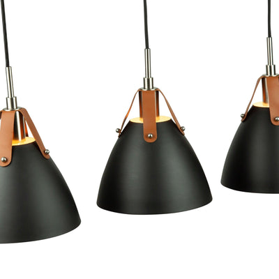 Black Conical Shade with Leather Straps 3 Light Linear Pendant - LV LIGHTING