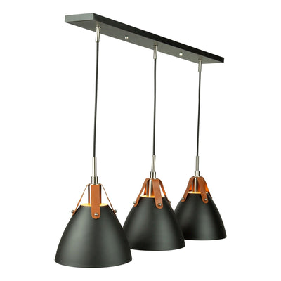 Black Conical Shade with Leather Straps 3 Light Linear Pendant - LV LIGHTING