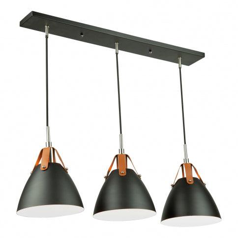 Black Conical Shade with Leather Straps 3 Light Linear Pendant - LV LIGHTING