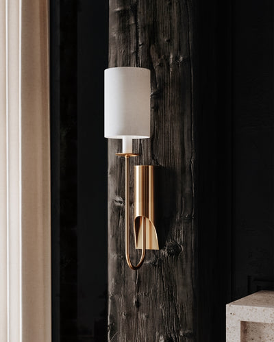 Patina Brass Frame and Curve Arm with Cylindrical Fabric Wall Sconce