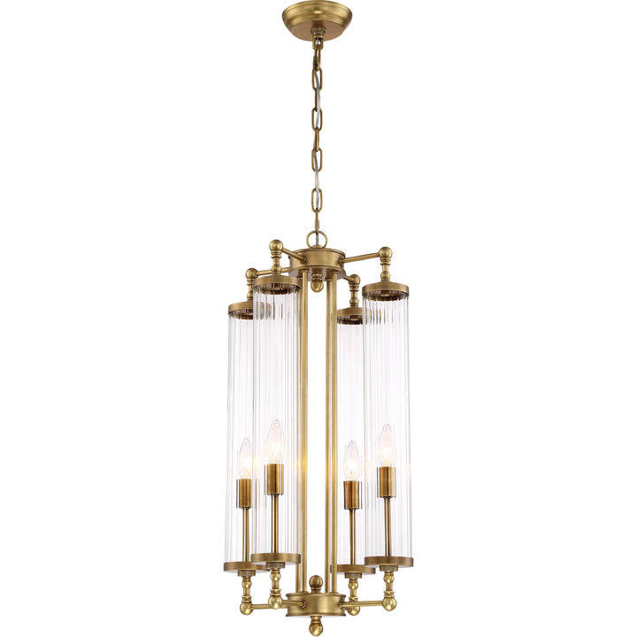 Steel Frame with Clear Ribbed Cylindrical Glass Pendant in Aged Brass by Zeev