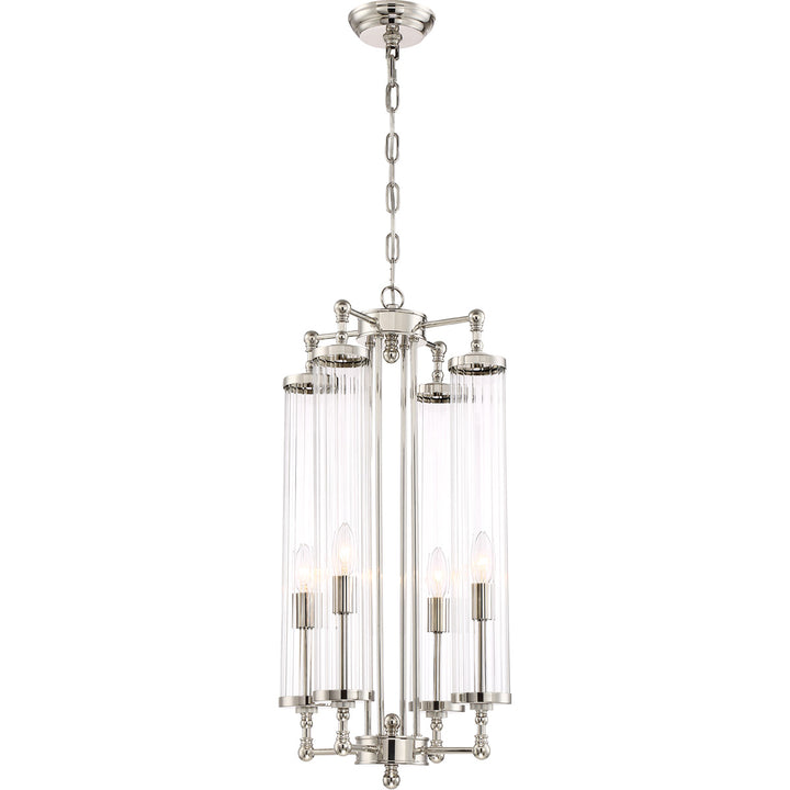 Steel Frame with Clear Ribbed Cylindrical Glass Pendant in Polished Nickel by Zeev