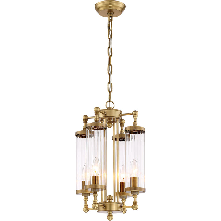 Steel Frame with Clear Ribbed Cylindrical Glass Pendant in Aged Brass by Zeev