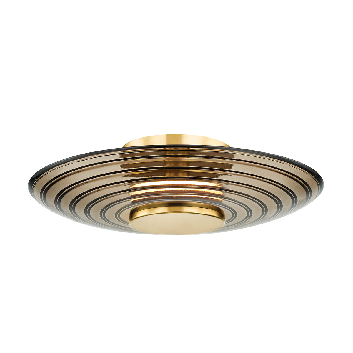 LED Aged Brass Frame with Ribbed Clear Smoke Glass Shade Flush Mount / Wall Sconce