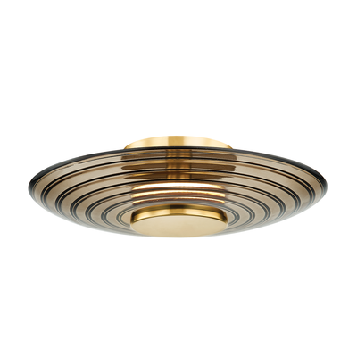 LED Aged Brass Frame with Ribbed Clear Smoke Glass Shade Flush Mount / Wall Sconce