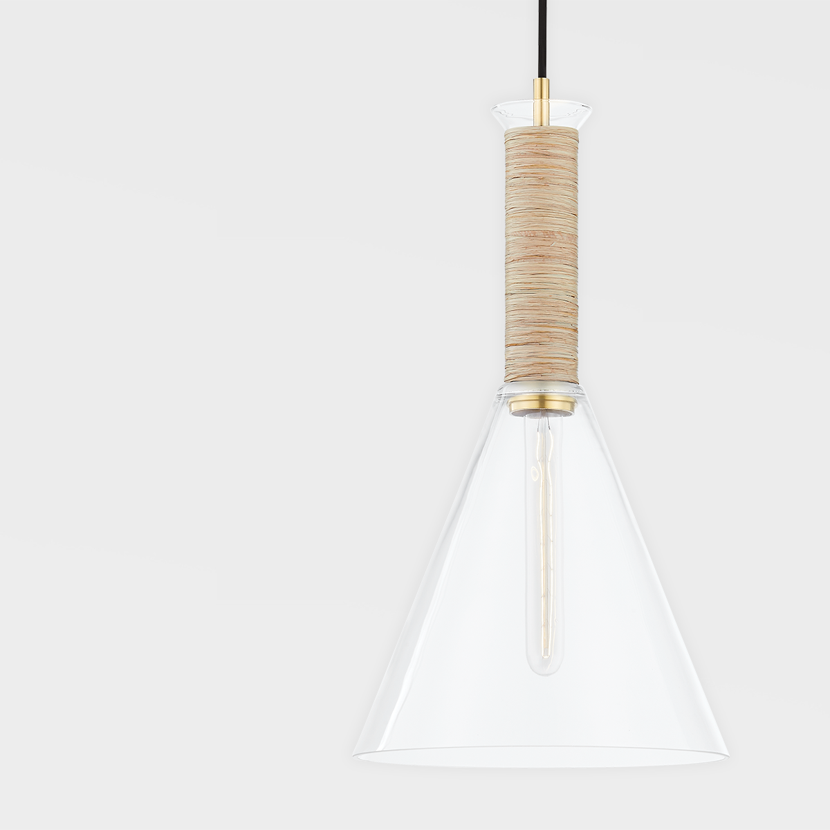 Aged Brass Frame with Wrapped Raffia Clear Glass Conical Shade Pendant
