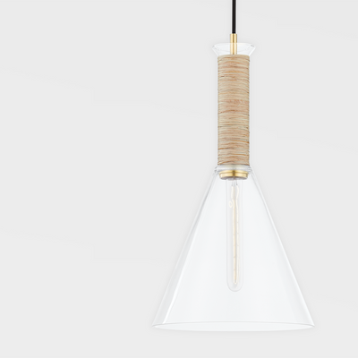 Aged Brass Frame with Wrapped Raffia Clear Glass Conical Shade Pendant