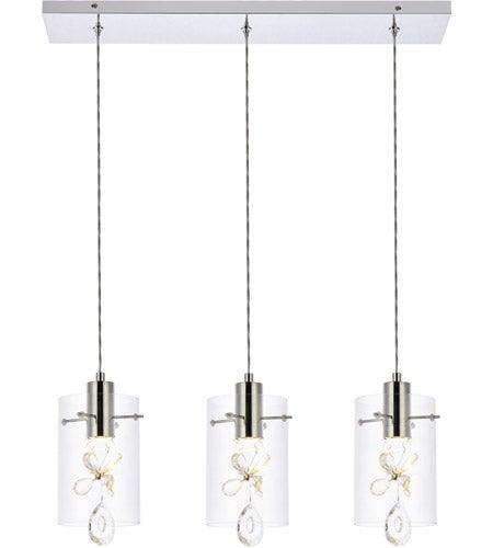 Chrome with Crystal and Glass Shade Tripple Pendant - LV LIGHTING