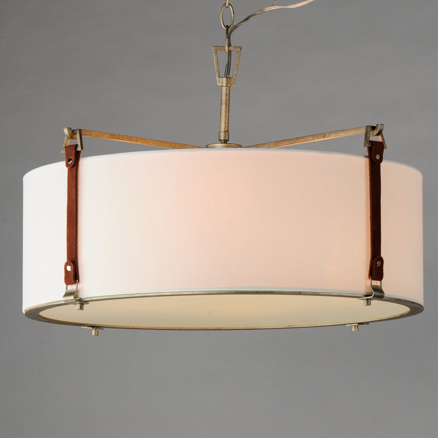 Weathered Zinc Frame and Brown Suede Strap with Linen Shade Chandelier