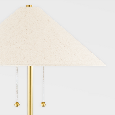 Aged Brass with Ceramic Textured Beige Base with White Linen Shade Floor Lamp