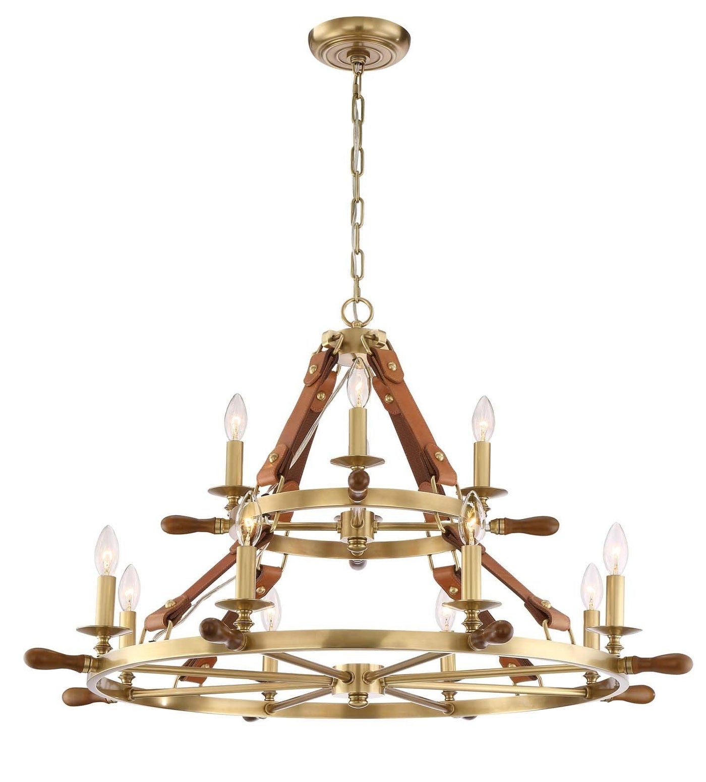 Aged Brass Frame with Leather Strap and Stained Wood 2 Tier Chandelier - LV LIGHTING