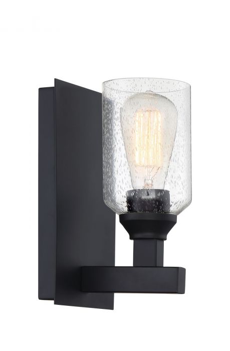 Steel Rectangular Arm and Frame with Clear Cylindrical Seedy Glass Shade Wall Sconce