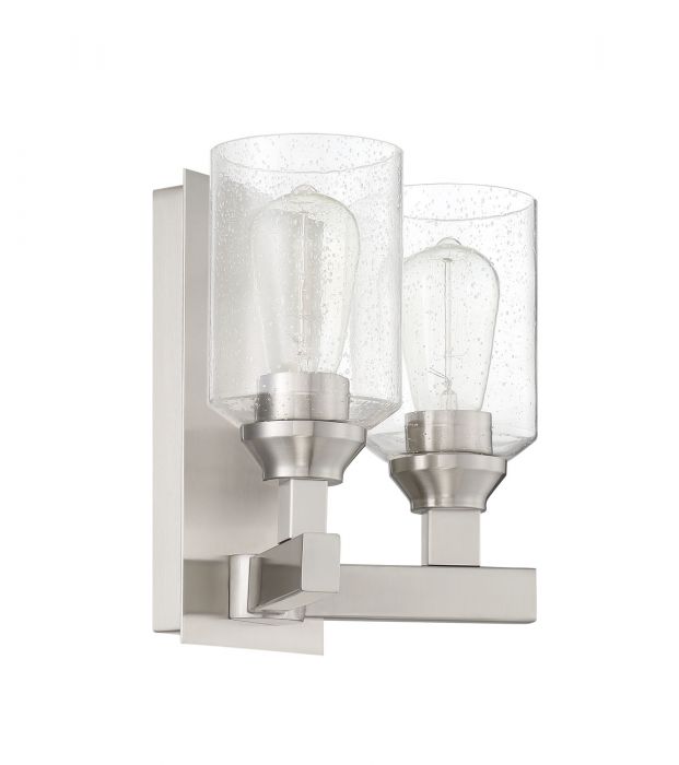 Steel Rectangular Arm and Frame with Clear Cylindrical Seedy Glass Shade Wall Sconce