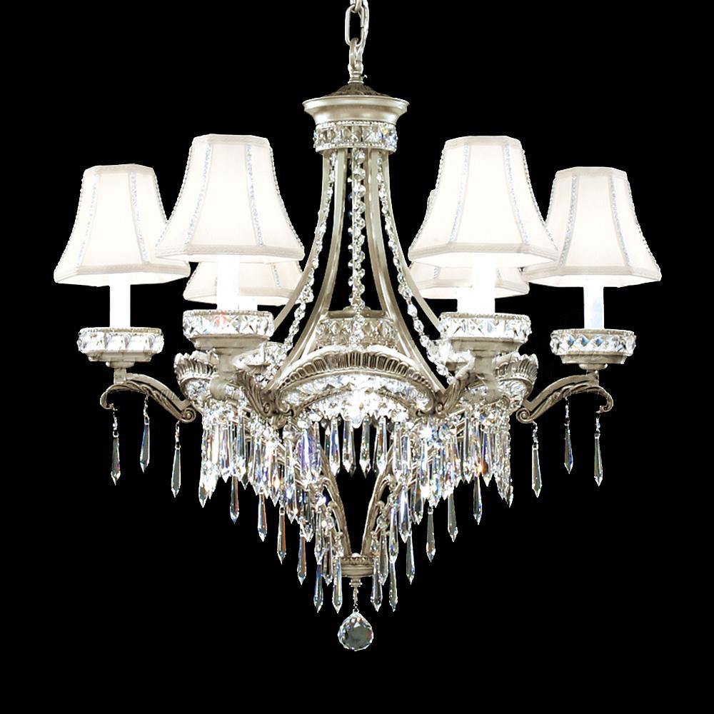 Pewter with Clear Crystal Drop and White Fabric Shade Chandelier - LV LIGHTING