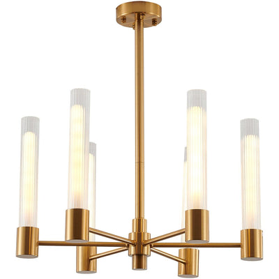 Brass Arms with Ribbed Clear Cylindrical Glass Shade Chandelier - LV LIGHTING